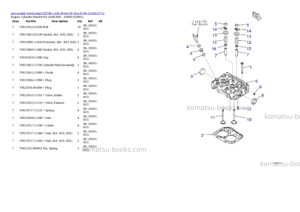 Komatsu 2D70E-5 S/N 00101-UP (For PC09-1) Parts catalog cover