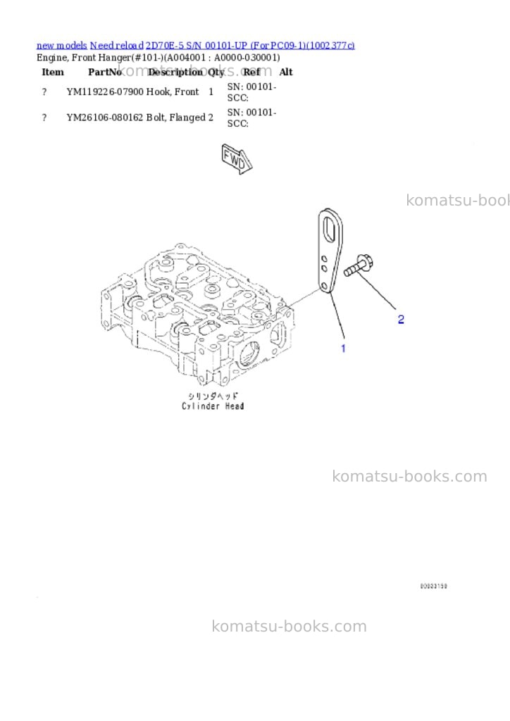 Komatsu 2D70E-5 S/N 00101-UP (For PC09-1) Parts catalog cover Page 2