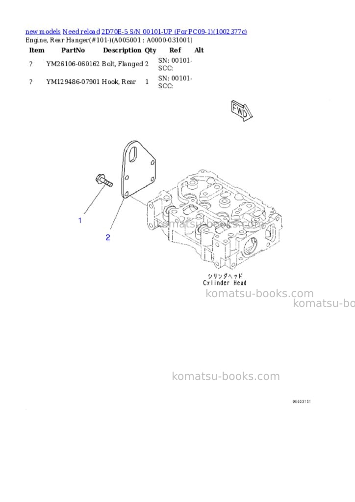 Komatsu 2D70E-5 S/N 00101-UP (For PC09-1) Parts catalog cover Page 3