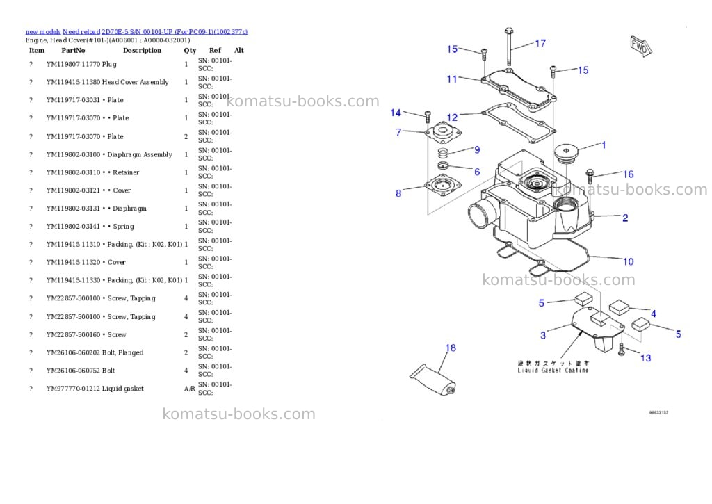 Komatsu 2D70E-5 S/N 00101-UP (For PC09-1) Parts catalog cover Page 4
