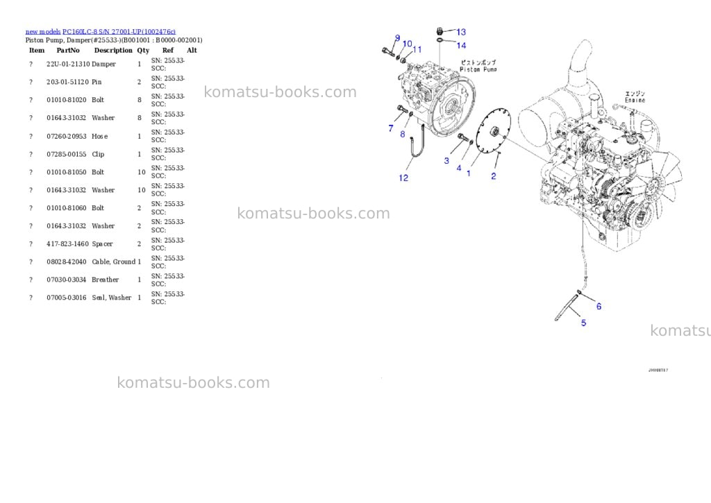 Komatsu PC160LC-8 S/N 27001-UP Parts catalog cover Komatsu PC160LC-8 S/N 27001-UP Parts catalog cover