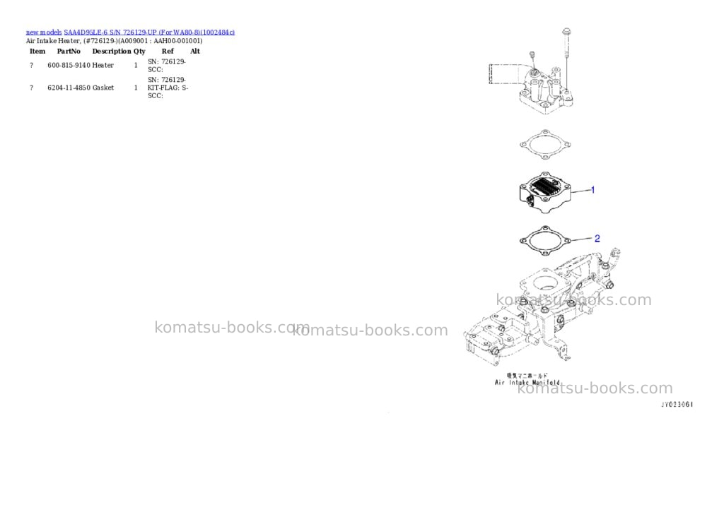 Komatsu SAA4D95LE-6 S/N 726129-UP (For WA80-8) Parts catalog cover Page 9