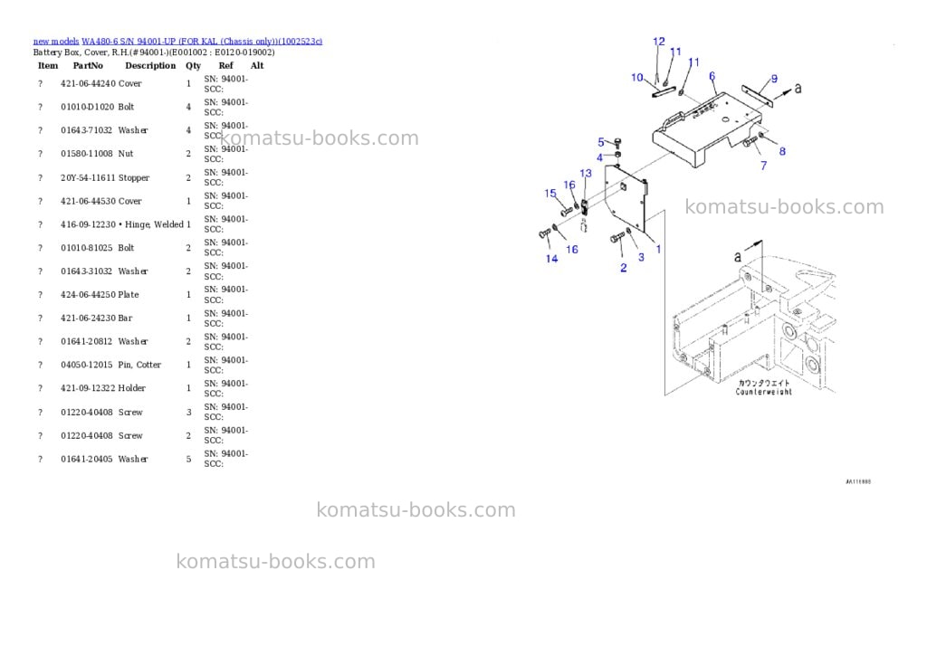 Komatsu WA480-6 S/N 94001-UP (FOR KAL (Chassis only)) Parts catalog cover Page 2