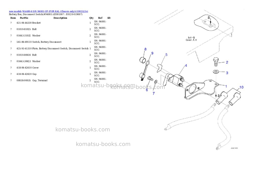 Komatsu WA480-6 S/N 94001-UP (FOR KAL (Chassis only)) Parts catalog cover Page 7