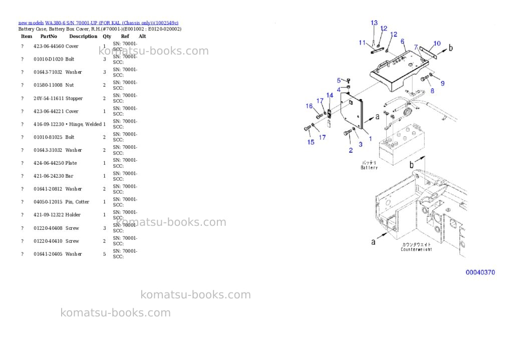 Komatsu WA380-6 S/N 70001-UP (FOR KAL (Chassis only)) Parts catalog cover Page 2