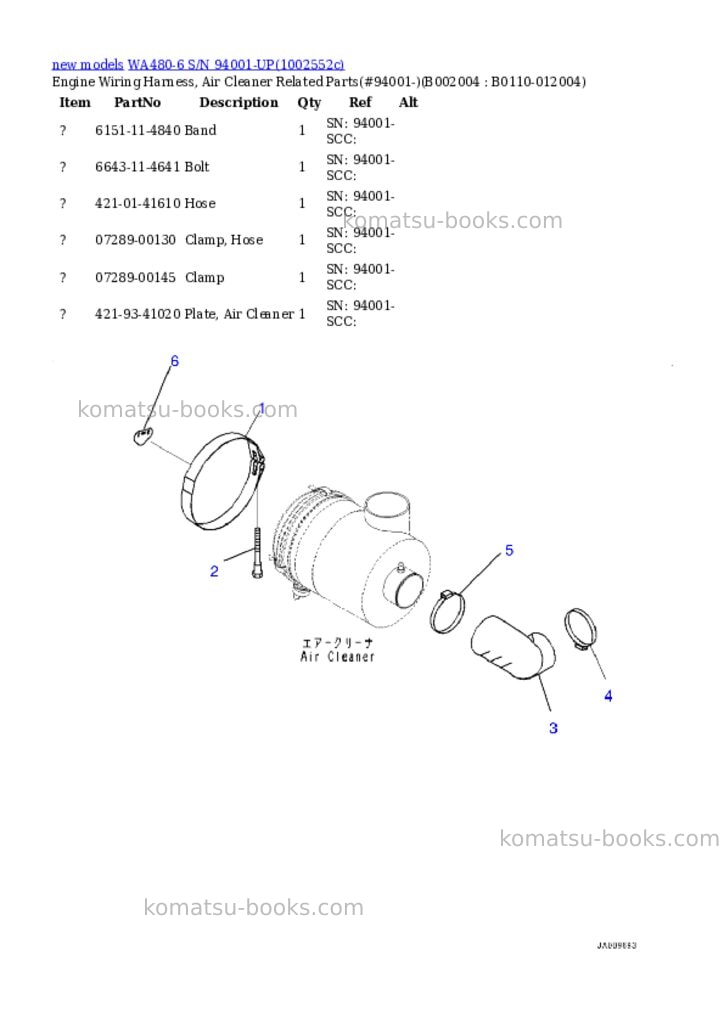 Komatsu WA480-6 S/N 94001-UP Parts catalog cover Page 5 Komatsu WA480-6 S/N 94001-UP Parts catalog cover Page 5
