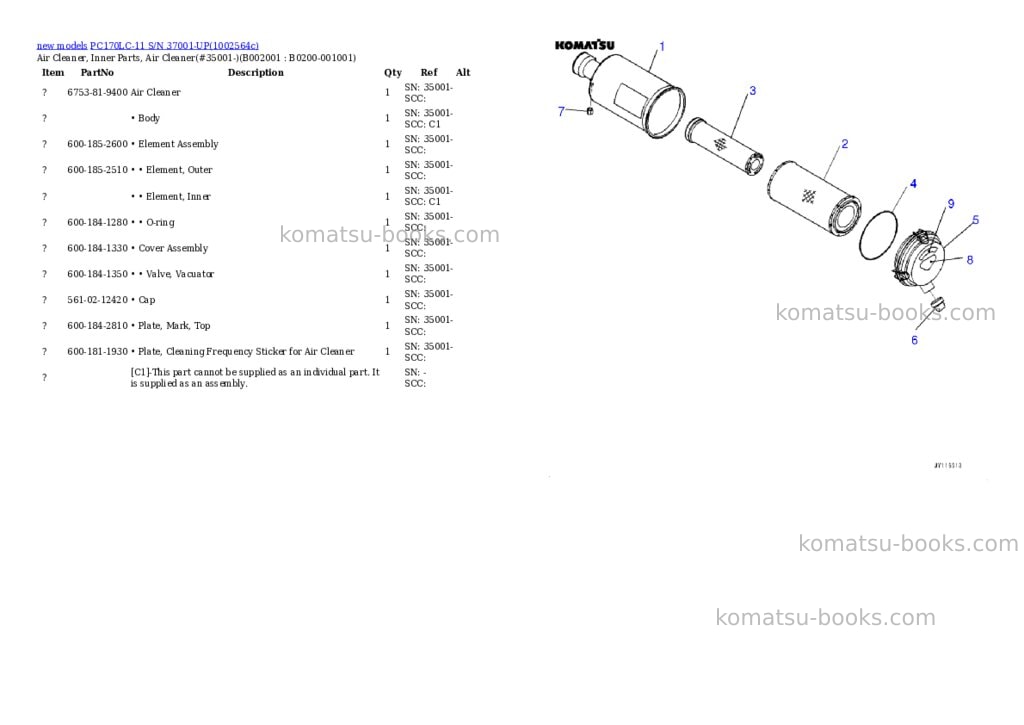 Komatsu PC170LC-11 S/N 37001-UP Parts catalog cover Page 2 Komatsu PC170LC-11 S/N 37001-UP Parts catalog cover Page 2