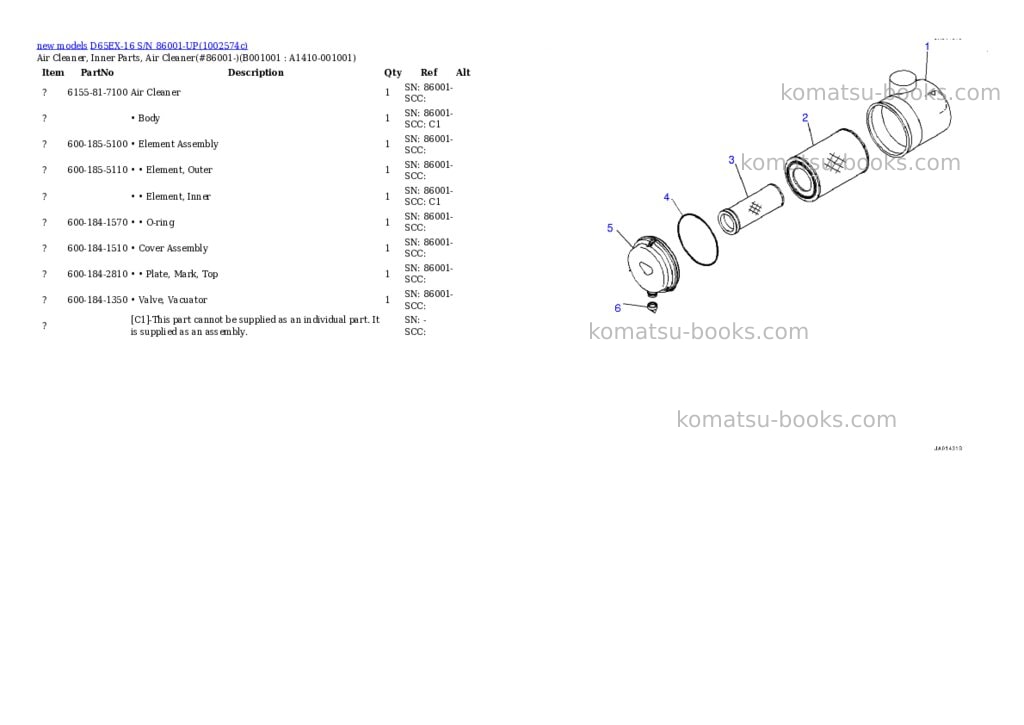 Komatsu D65EX-16 S/N 86001-UP Parts catalog cover