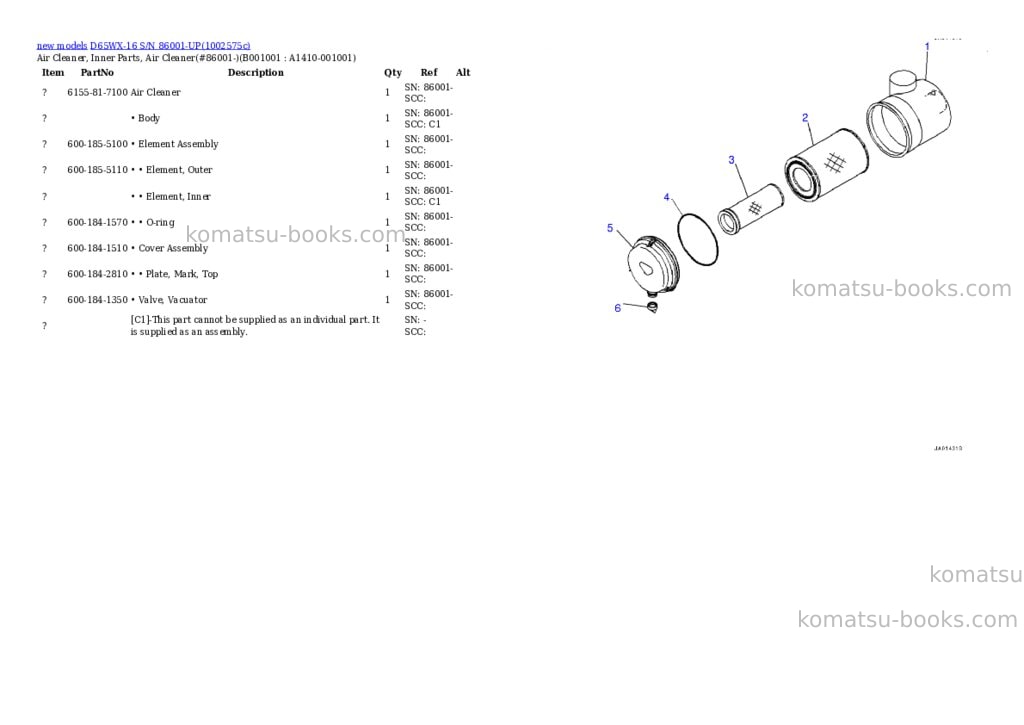 Komatsu D65WX-16 S/N 86001-UP Parts catalog cover