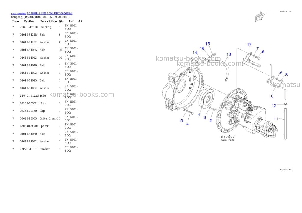 Komatsu PC88MR-8 S/N 7001-UP Parts catalog cover