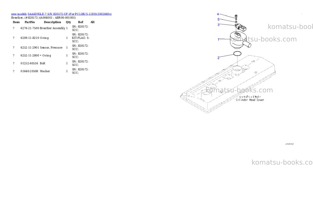 Komatsu SAA4D95LE-7 S/N 820572-UP (For PC138US-11E0) Parts catalog cover Page 5