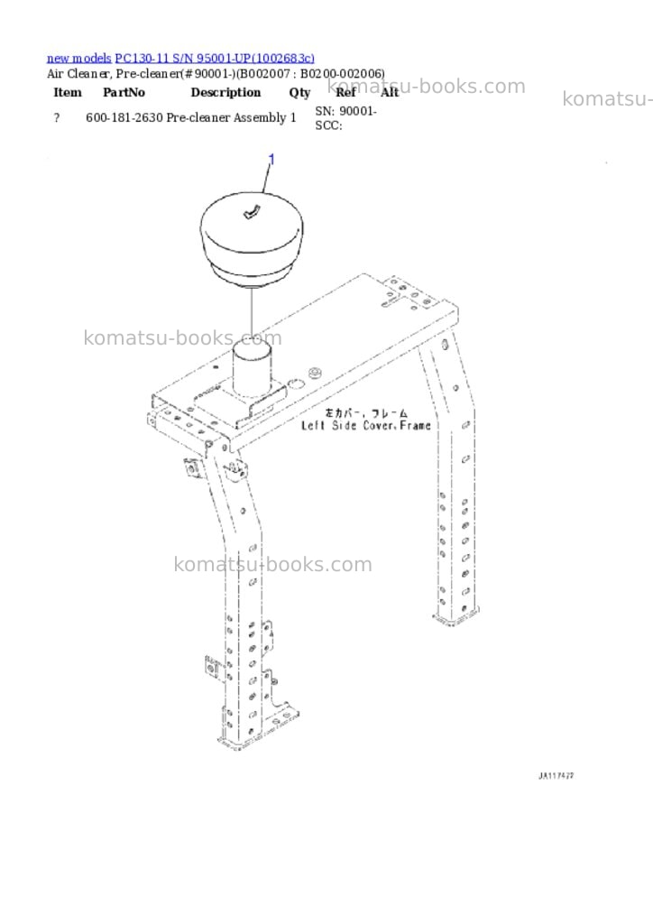 Komatsu PC130-11 S/N 95001-UP Parts catalog cover Page 10