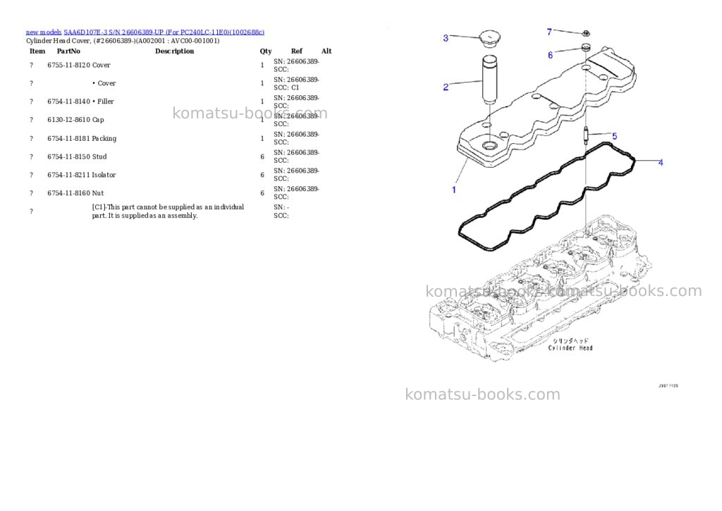 Komatsu SAA6D107E-3 S/N 26606389-UP (For PC240LC-11E0) Parts catalog cover Page 3
