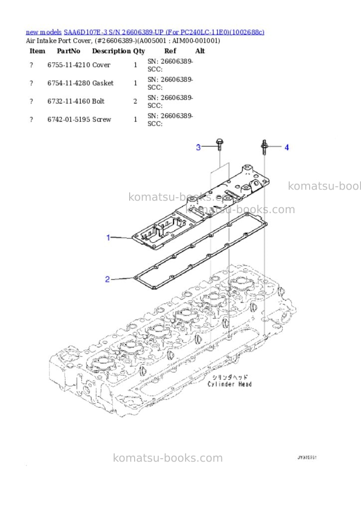 Komatsu SAA6D107E-3 S/N 26606389-UP (For PC240LC-11E0) Parts catalog cover Page 6