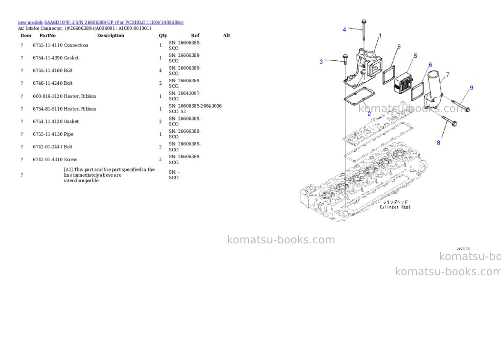 Komatsu SAA6D107E-3 S/N 26606389-UP (For PC240LC-11E0) Parts catalog cover Page 7