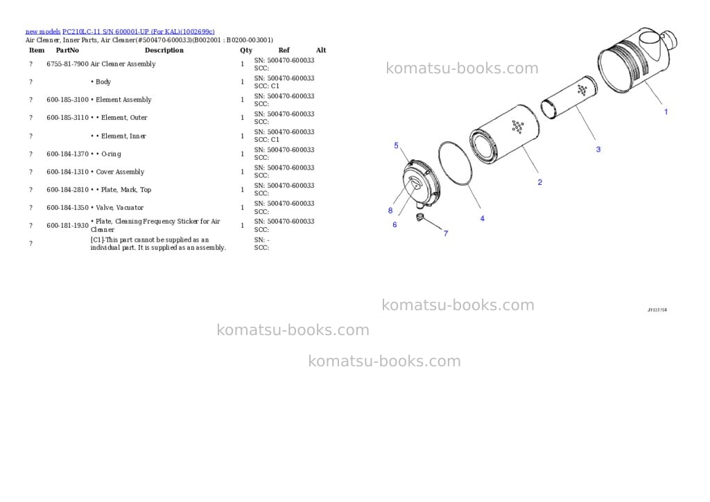Komatsu PC210LC-11 S/N 600001-UP (For KAL) Parts catalog cover Page 2 Komatsu PC210LC-11 S/N 600001-UP (For KAL) Parts catalog cover Page 2