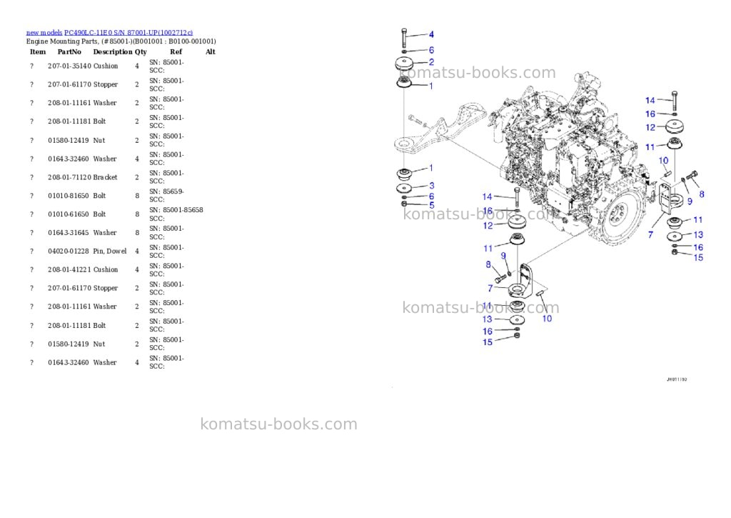 Komatsu PC490LC-11E0 S/N 87001-UP Parts catalog cover Komatsu PC490LC-11E0 S/N 87001-UP Parts catalog cover