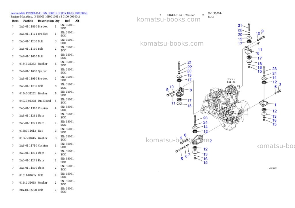 Komatsu PC290LC-11 S/N 36001-UP (For KAL) Parts catalog cover