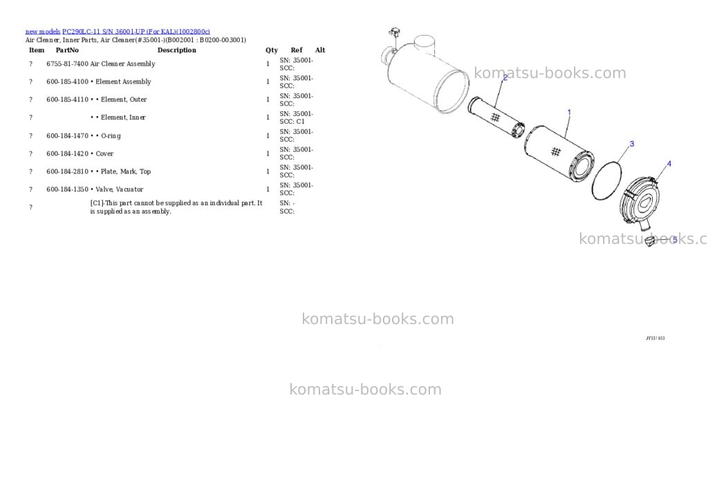 Komatsu PC290LC-11 S/N 36001-UP (For KAL) Parts catalog cover Page 2