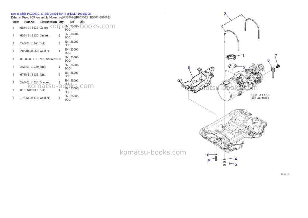 Komatsu PC290LC-11 S/N 36001-UP (For KAL) Parts catalog cover Page 8