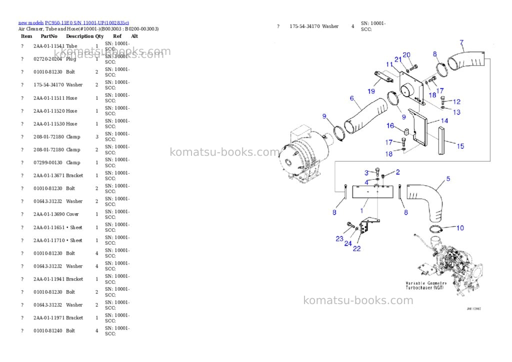 Komatsu PC950-11E0 S/N 11001-UP Parts catalog cover Page 10 Komatsu PC950-11E0 S/N 11001-UP Parts catalog cover Page 10