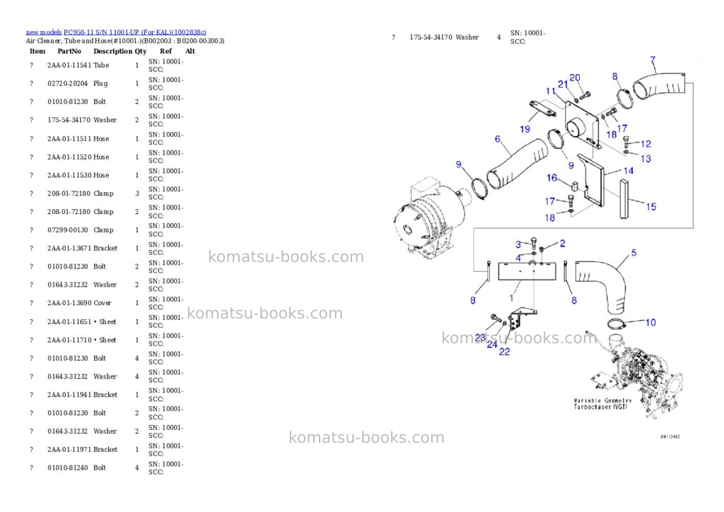 Komatsu PC950-11 S/N 11001-UP (For KAL) Parts catalog cover Page 4