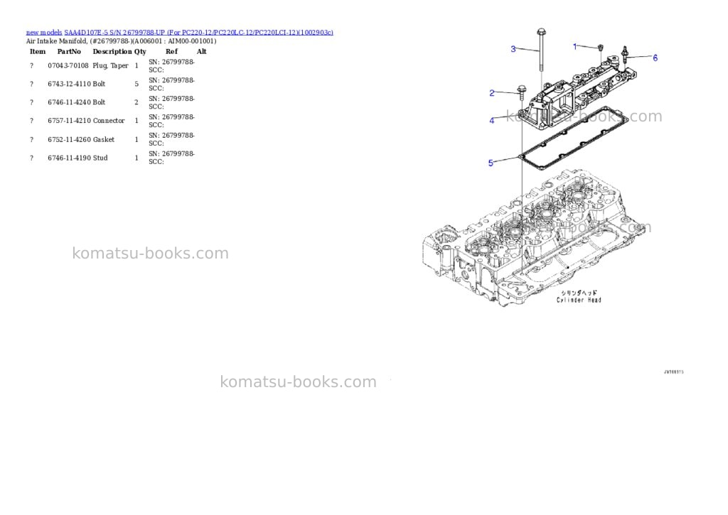 Komatsu SAA4D107E-5 S/N 26799788-UP (For PC220-12/PC220LC-12/PC220LCI-12) Parts catalog cover Page 6 Komatsu SAA4D107E-5 S/N 26799788-UP (For PC220-12/PC220LC-12/PC220LCI-12) Parts catalog cover Page 6
