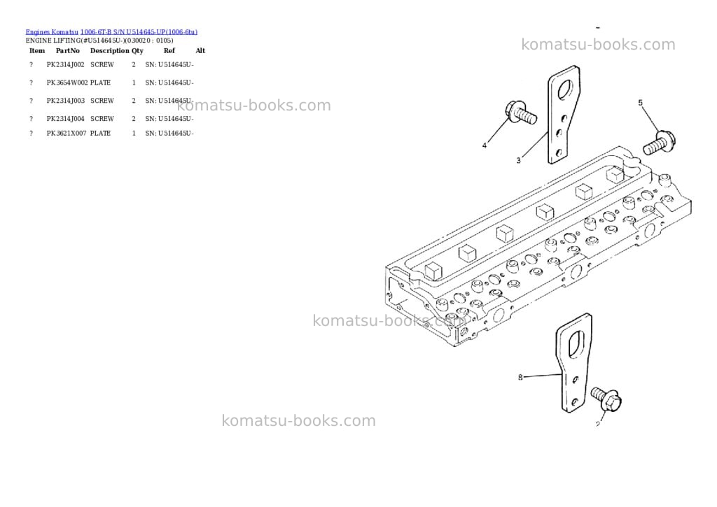 Komatsu 1006-6t-b s/n u514645-up Parts catalog cover