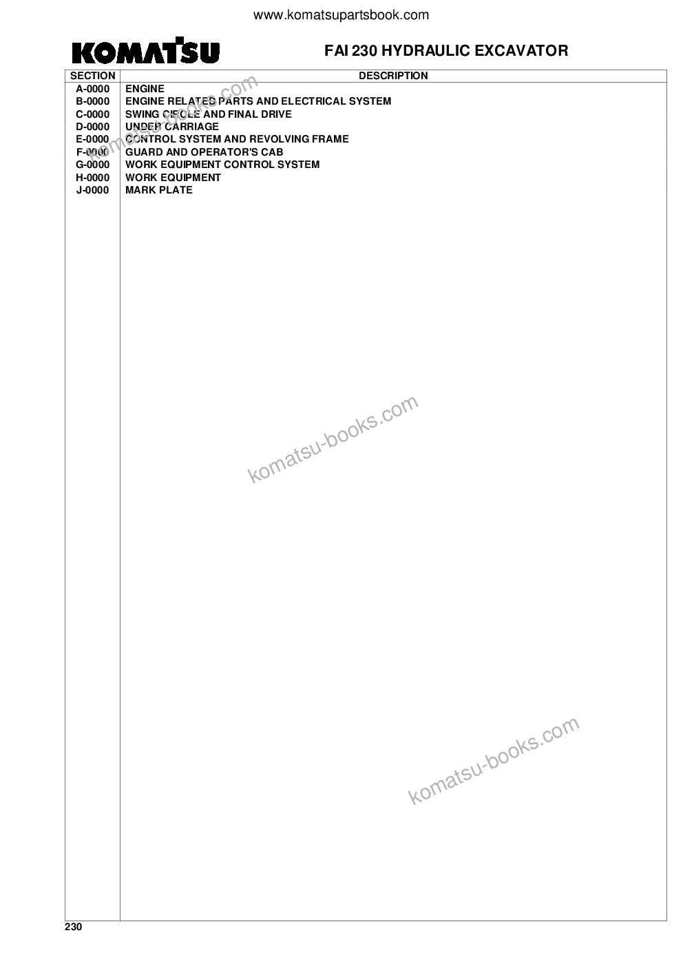 Komatsu 230 s/n 23000014-up Parts catalog cover
