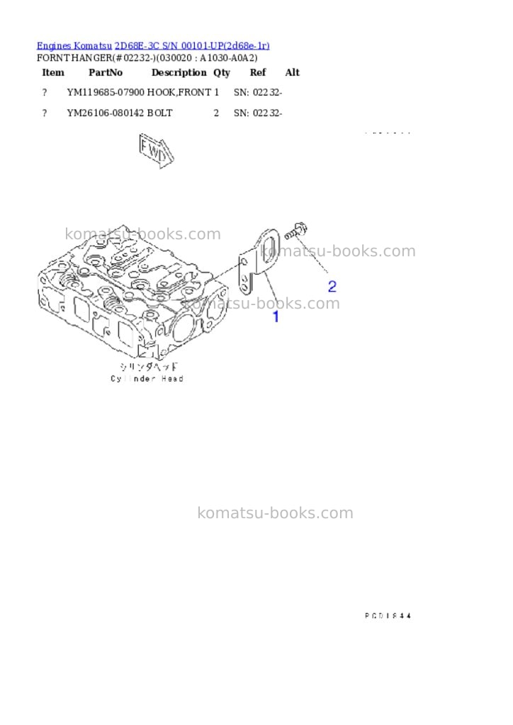 Komatsu 2d68e-3c s/n 00101-up Parts catalog cover