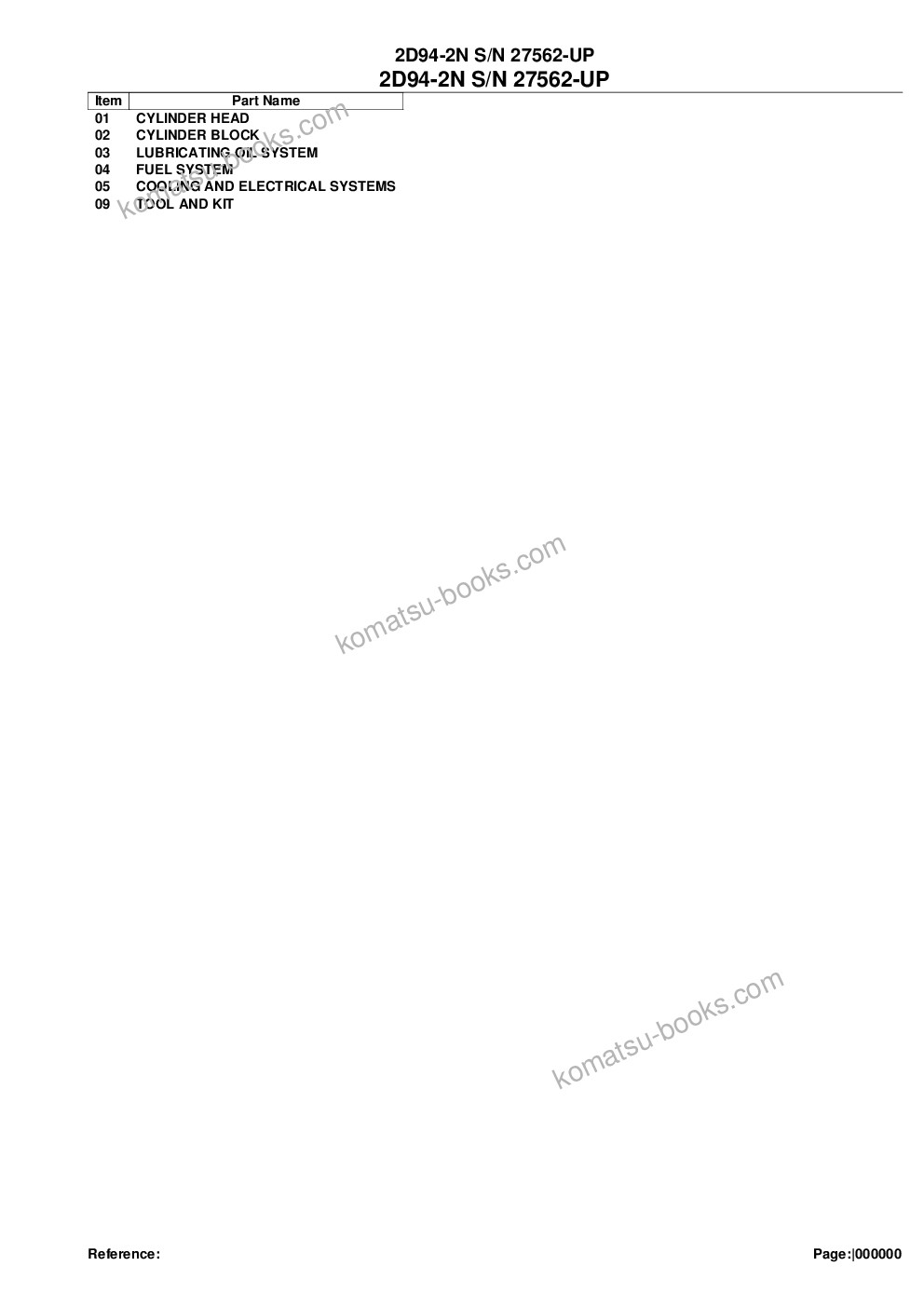 Komatsu 2D94-2N S/N 27562-UP Parts catalog cover Komatsu 2D94-2N S/N 27562-UP Parts catalog cover