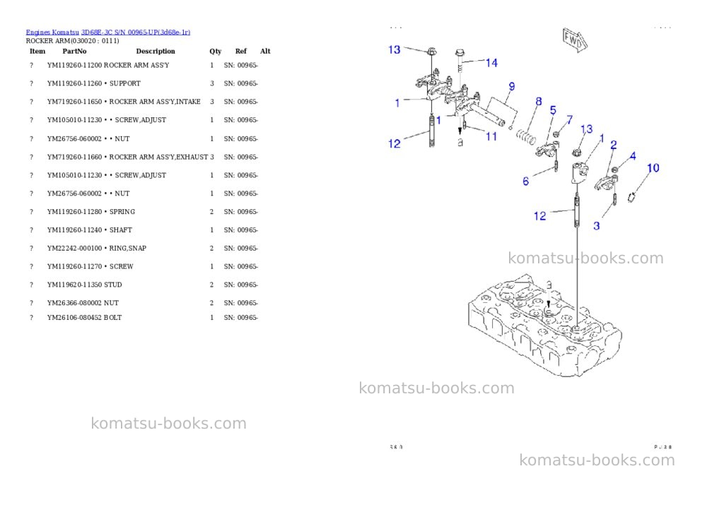 Komatsu 3d68e-3c s/n 00965-up Parts catalog cover