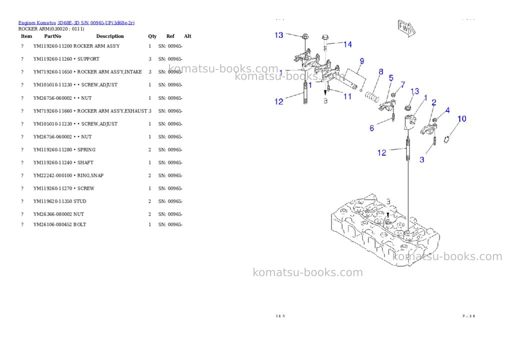 Komatsu 3d68e-3d s/n 00965-up Parts catalog cover