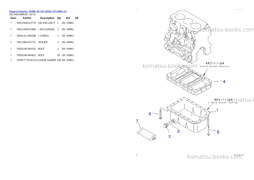 Komatsu 3d68e-3d s/n 00965-up Parts catalog cover Page 7
