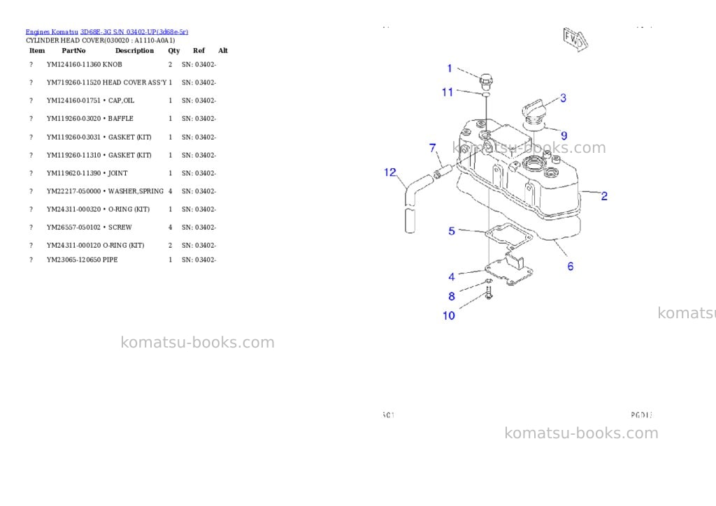Komatsu 3d68e-3g s/n 03402-up Parts catalog cover
