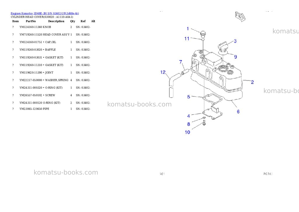 Komatsu 3d68e-3h s/n 03402-up Parts catalog cover