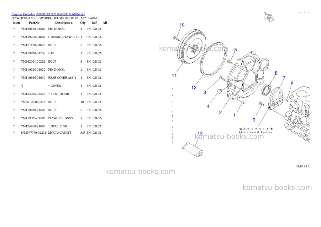 Komatsu 3d68e-3h s/n 03402-up Parts catalog cover Page 10