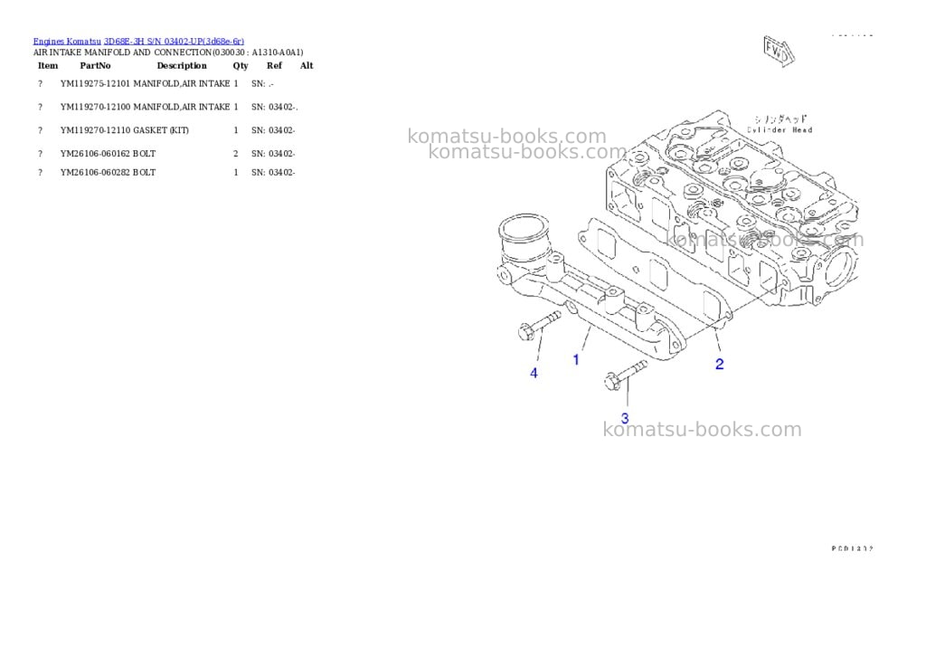 Komatsu 3d68e-3h s/n 03402-up Parts catalog cover Page 2
