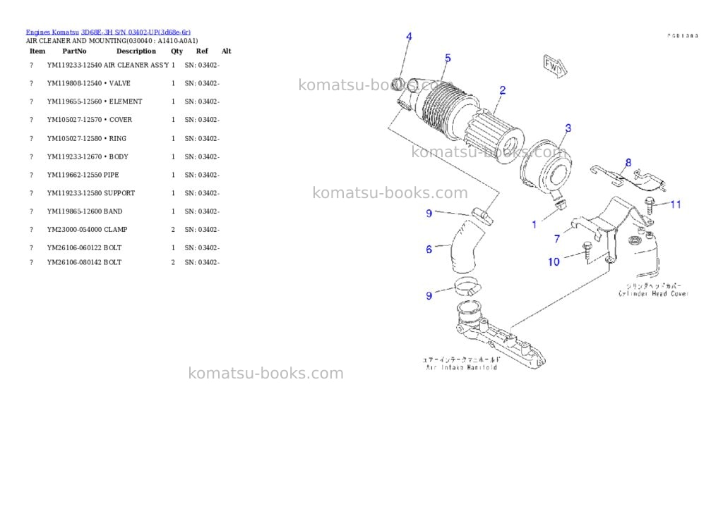 Komatsu 3d68e-3h s/n 03402-up Parts catalog cover Page 3