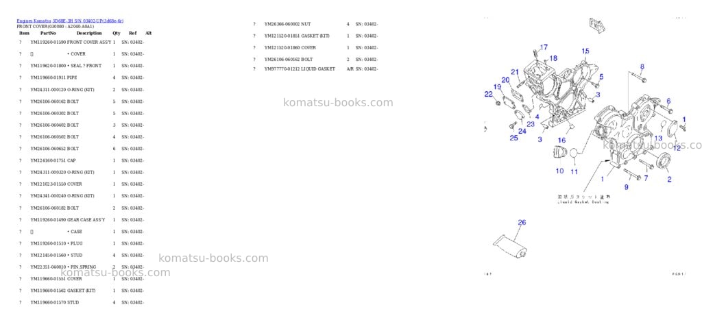 Komatsu 3d68e-3h s/n 03402-up Parts catalog cover Page 7