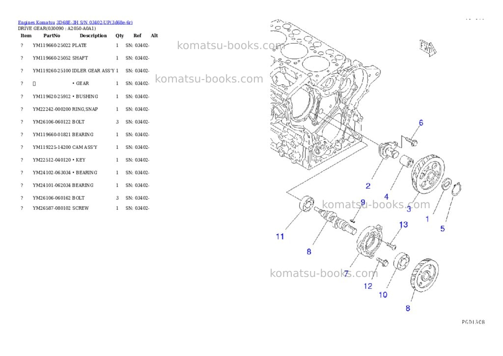 Komatsu 3d68e-3h s/n 03402-up Parts catalog cover Page 8