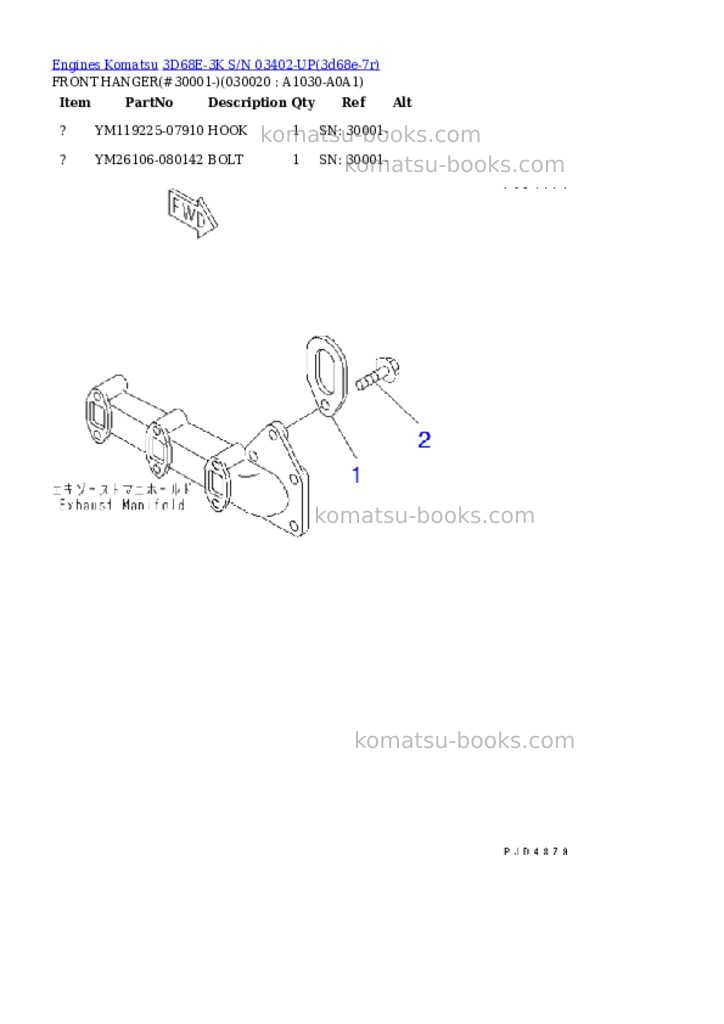 Komatsu 3d68e-3k s/n 03402-up Parts catalog cover