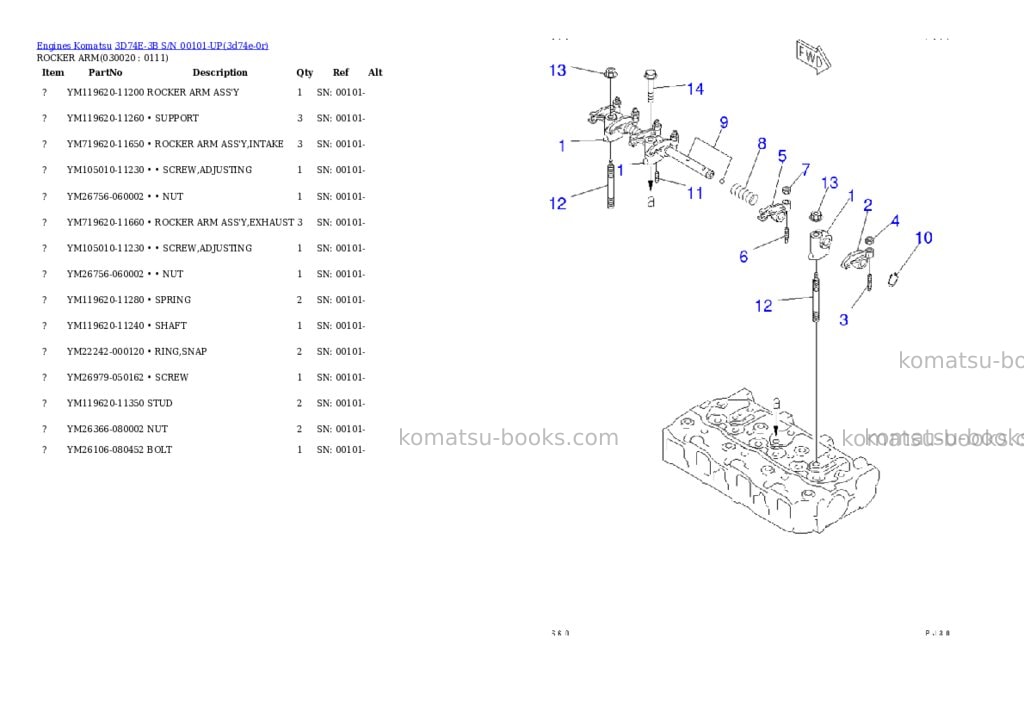 Komatsu 3d74e-3b s/n 00101-up Parts catalog cover