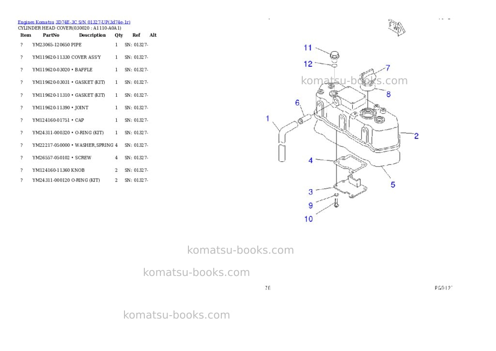 Komatsu 3D74E-3C S/N 01327-UP Parts catalog cover