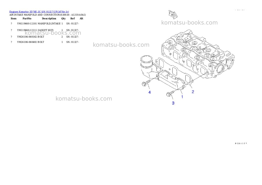 Komatsu 3D74E-3C S/N 01327-UP Parts catalog cover Page 2