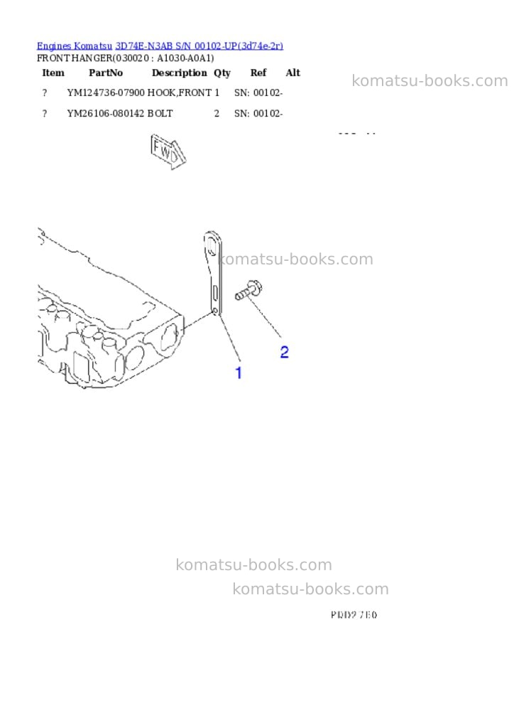 Komatsu 3d74e-n3ab s/n 00102-up Parts catalog cover