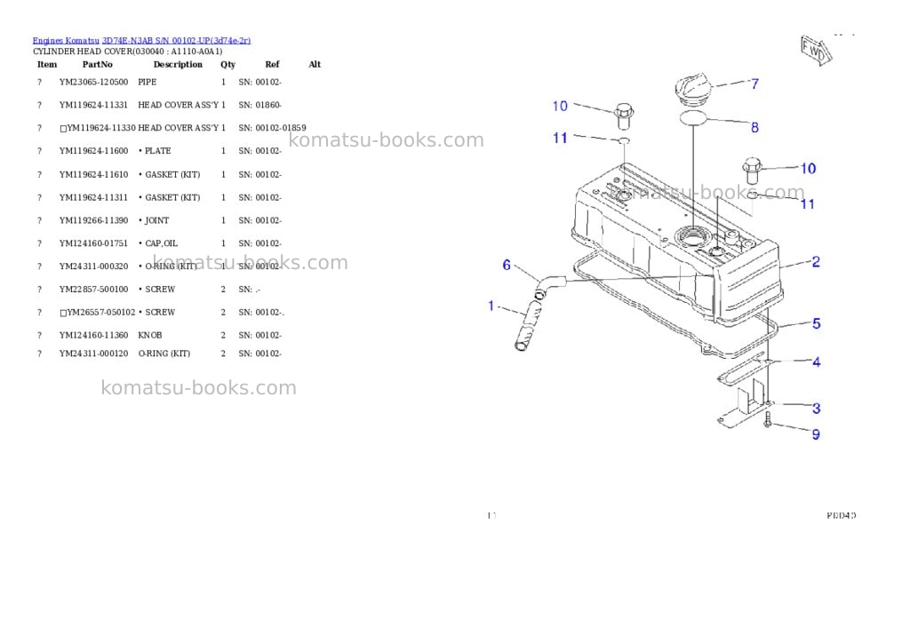 Komatsu 3d74e-n3ab s/n 00102-up Parts catalog cover Page 3