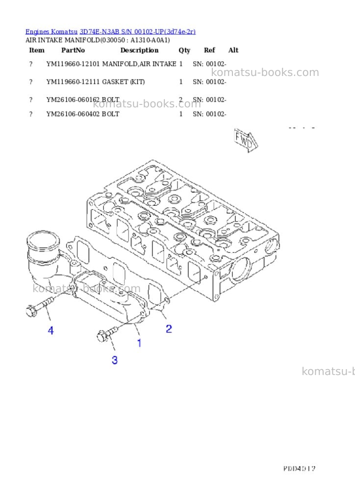 Komatsu 3d74e-n3ab s/n 00102-up Parts catalog cover Page 4