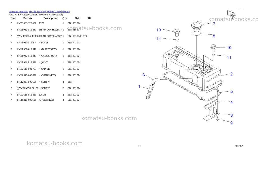Komatsu 3D74E-N3A S/N 00102-UP Parts catalog cover Page 3