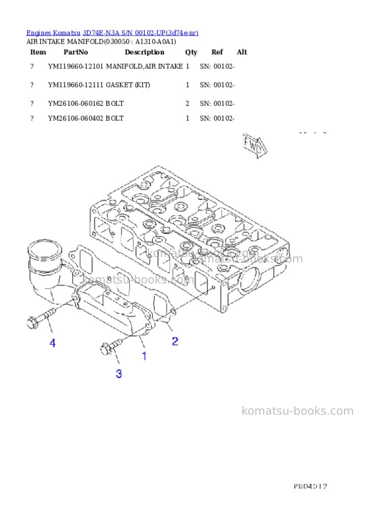 Komatsu 3D74E-N3A S/N 00102-UP Parts catalog cover Page 4